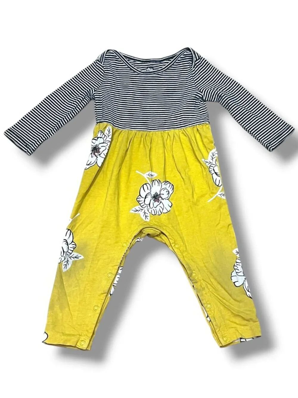 Tea Collection Long Sleeve Striped Yellow Floral Jumpsuit Romper Size 9-12M